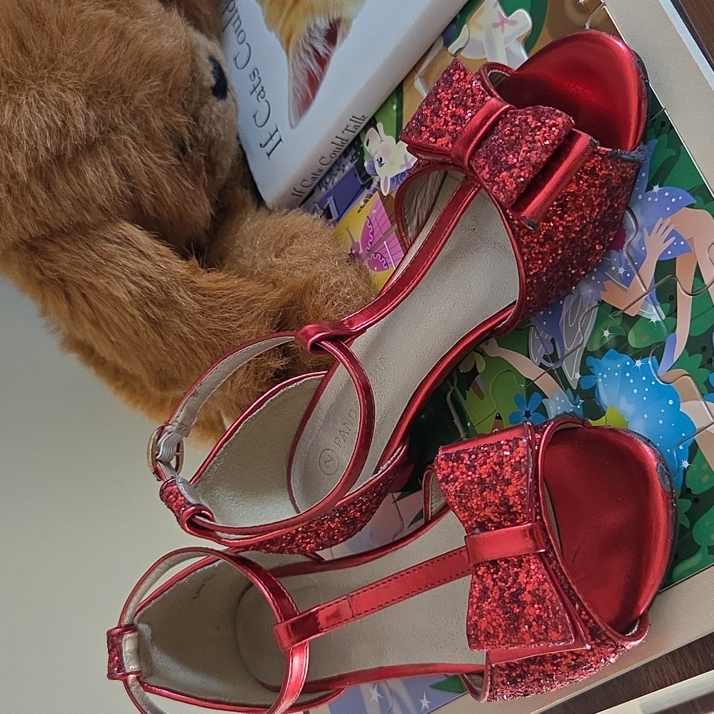 SOBOYO Red Glitter Girl's Fun Strappy Holiday Sandals With A Low Heal Bow In Red